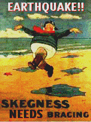 Skegness Jolly Fisherman arms outstretched with Skegness NEEDS bracing