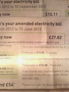 a set of 4 quarterly electric bills for 11,12,15 & 27pounds