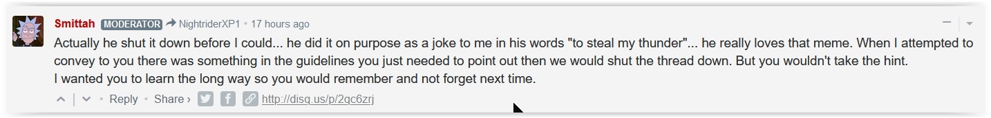 Smittah lying that he was going to lock the topic, which he didn't...
