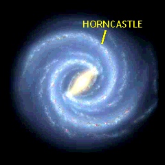 electric blue milky way spiral galaxy in black space with Horncastle located in one of the arms