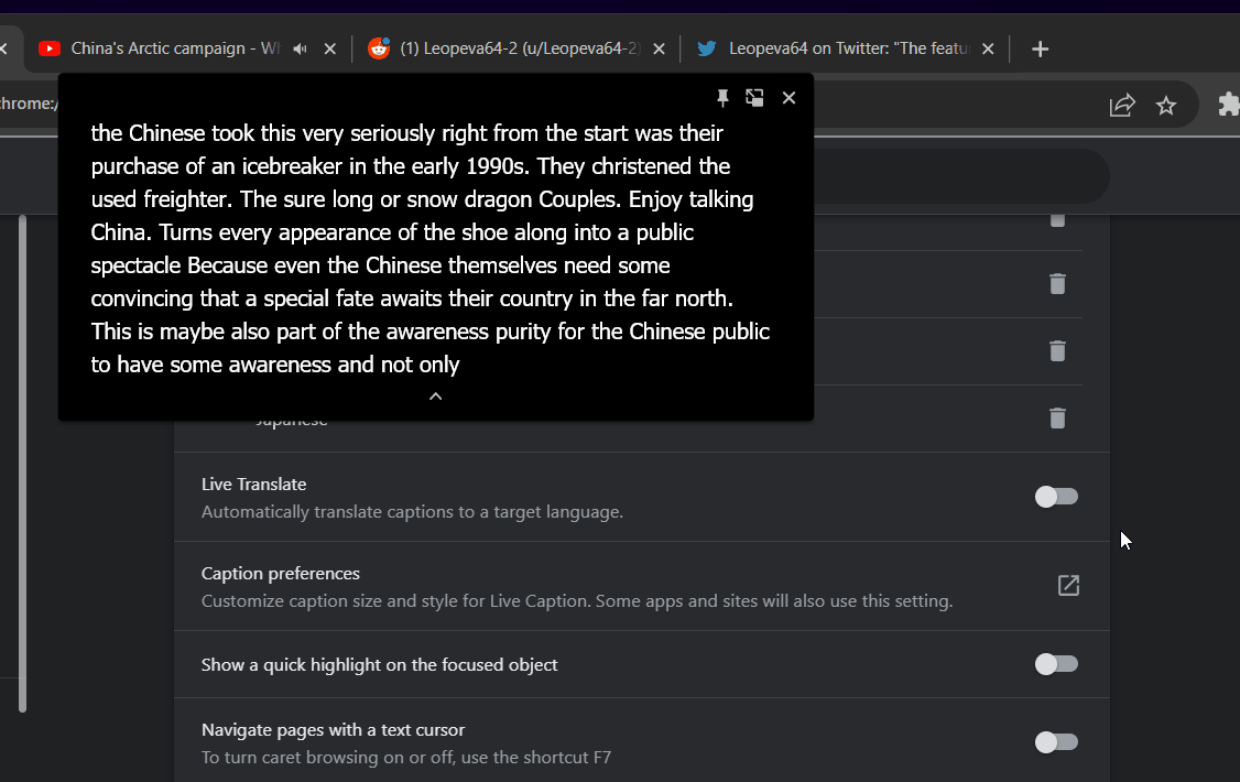 Chrome's caption settings page has a new UI with some new features ...