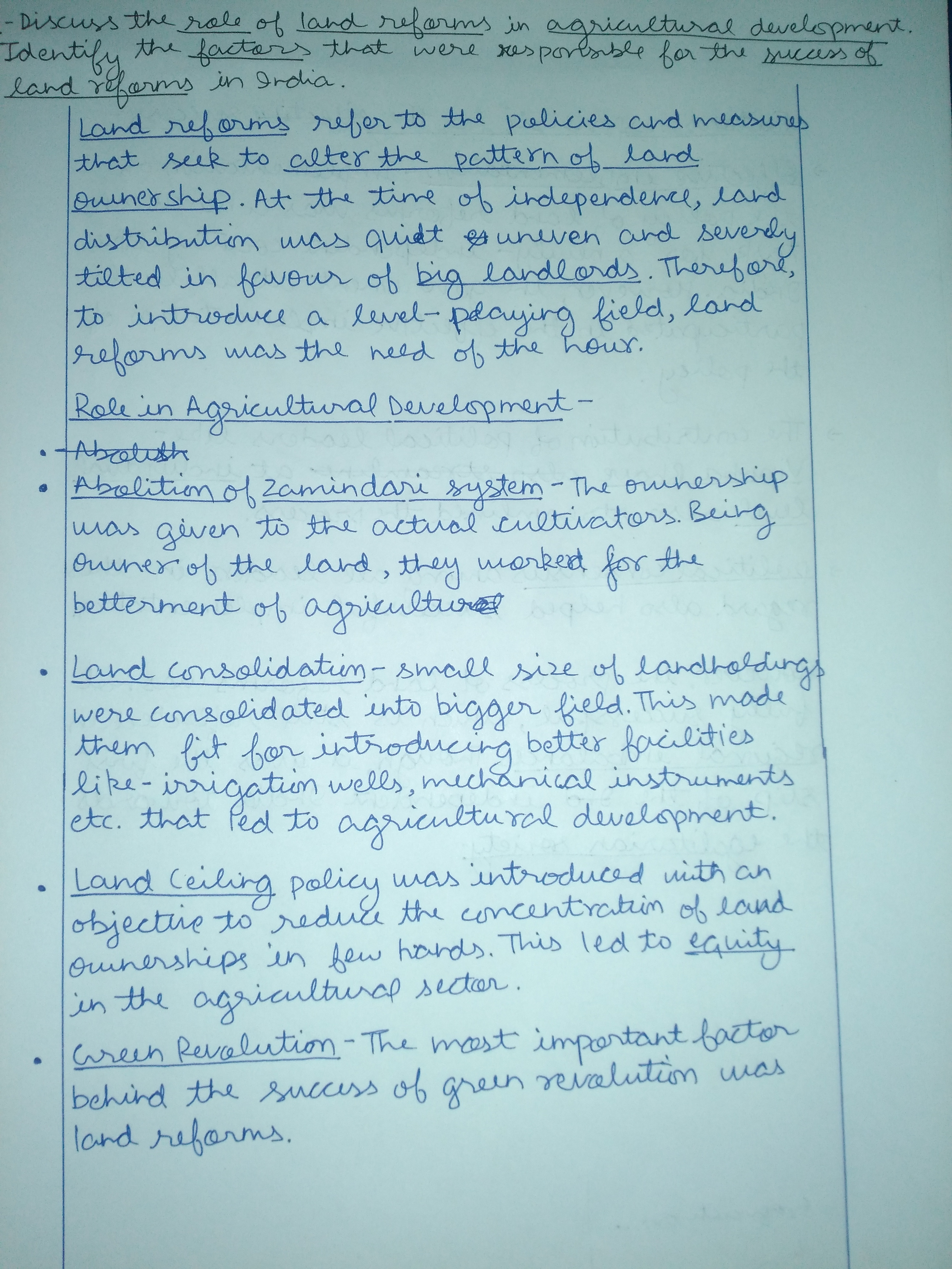 Discuss the role of land reforms in agricultural development. Identify