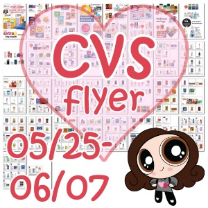 CVS weekly flyer graphic for 05/25–06/07. The background features a collage of flyer pages. A large pink heart frames bold red text reading “CVS flyer.” The dates “05/25–06/07” appear at the bottom in the same red font. A cartoon character named Erica Hart, the webmaster for iheartcvs.com, stands in the lower right corner